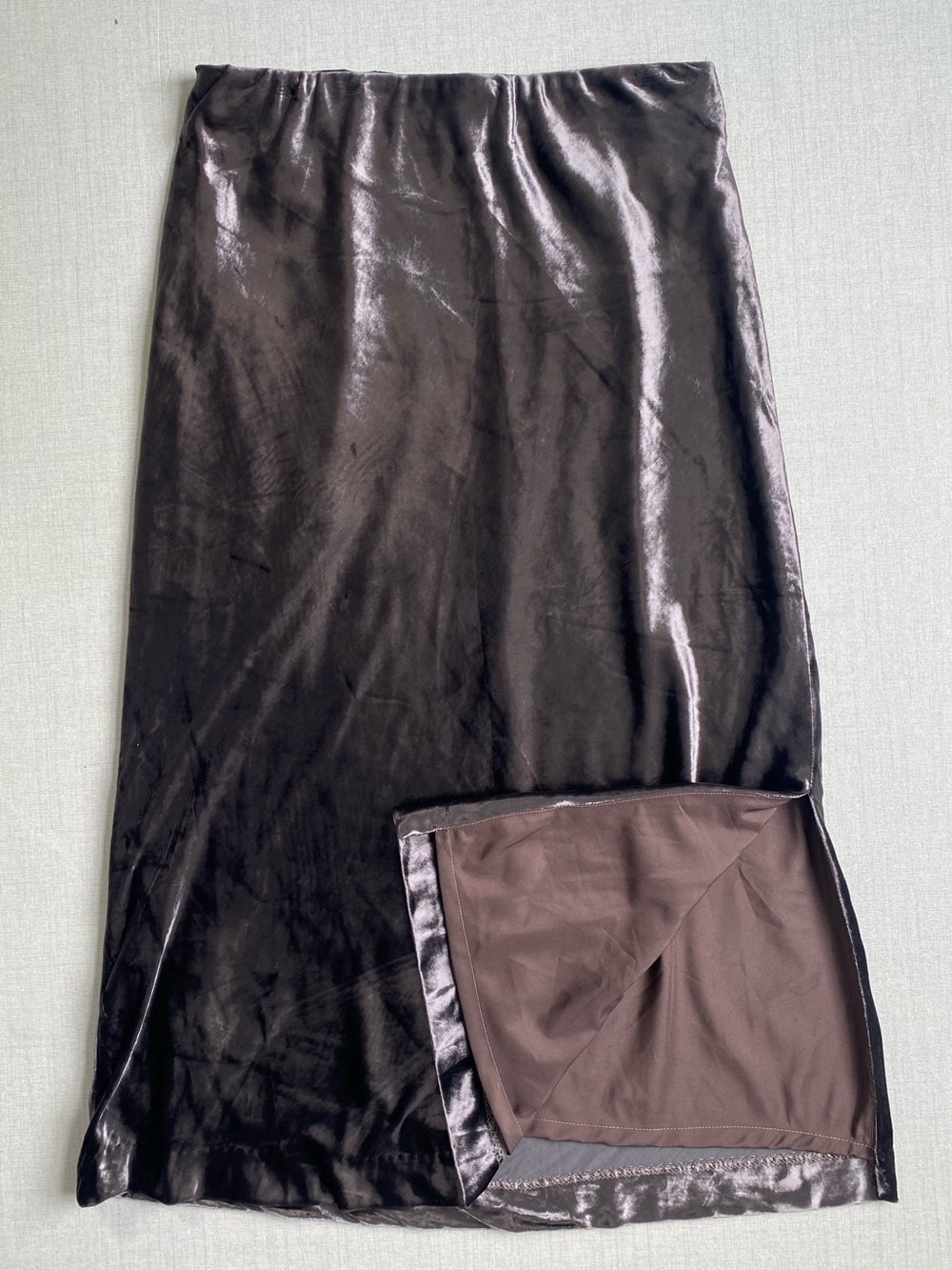 Ann Taylor Velvet Midi Skirt Size XS Grey Silver Liquid Metallic Slip PullOn - Picture 7 of 9